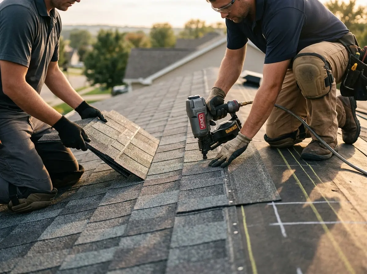Professional roofer working on a residential roof in Detroit Lakes